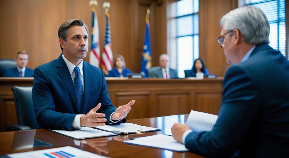 A defense attorney presenting evidence and arguments in a courtroom, with charts, graphs, and documents displayed to support their case