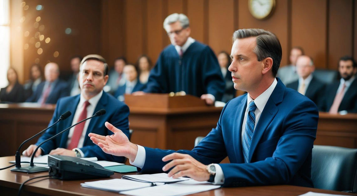 A courtroom scene with a defense attorney presenting evidence and arguments to counter accusations in a white-collar crime trial