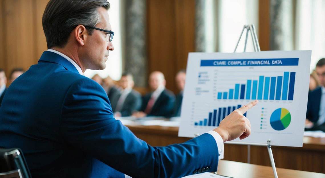 A lawyer presenting evidence in a courtroom, pointing to a chart of complex financial data