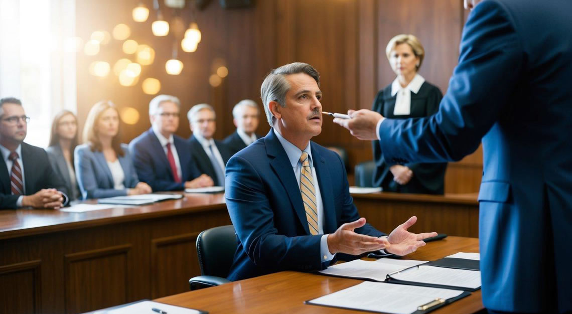 A courtroom scene with a defense attorney presenting evidence and arguing their case to the jury and judge