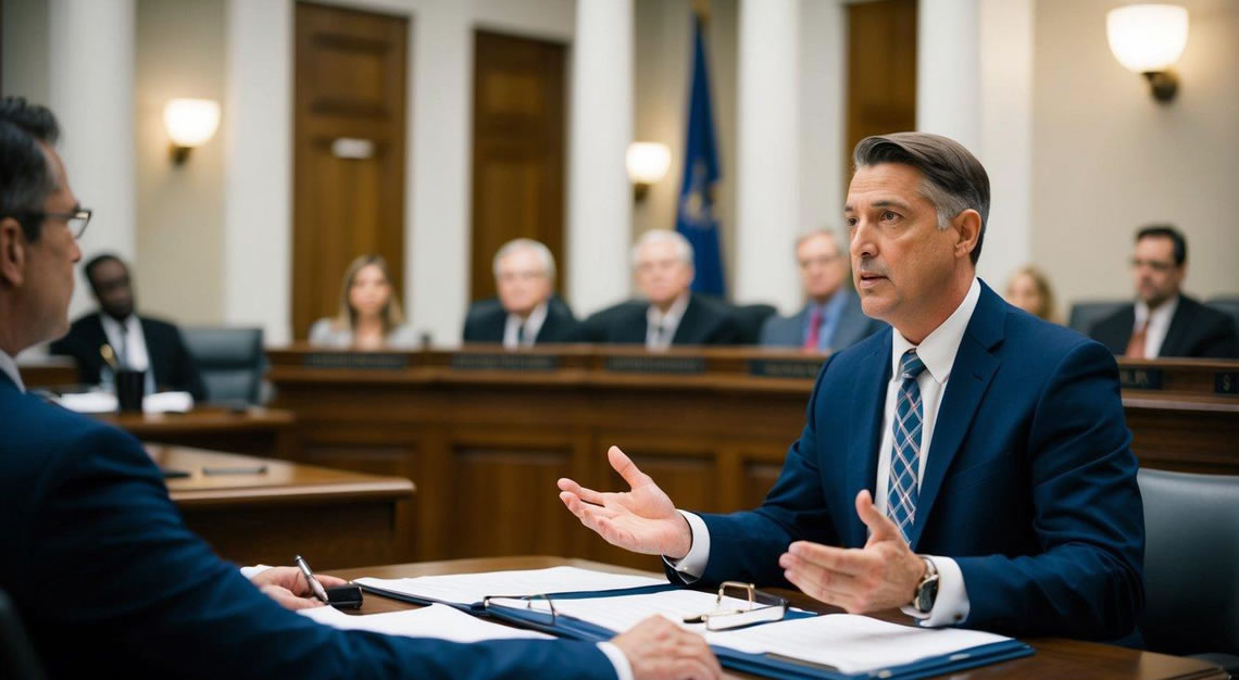 A courtroom scene with a defense attorney presenting evidence and arguments to counter accusations in a white-collar crime trial